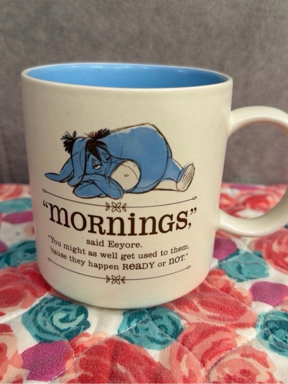 Hallmark Disney Eeyore "Mornings" Ceramic Coffee Mug Featuring Blue Interior